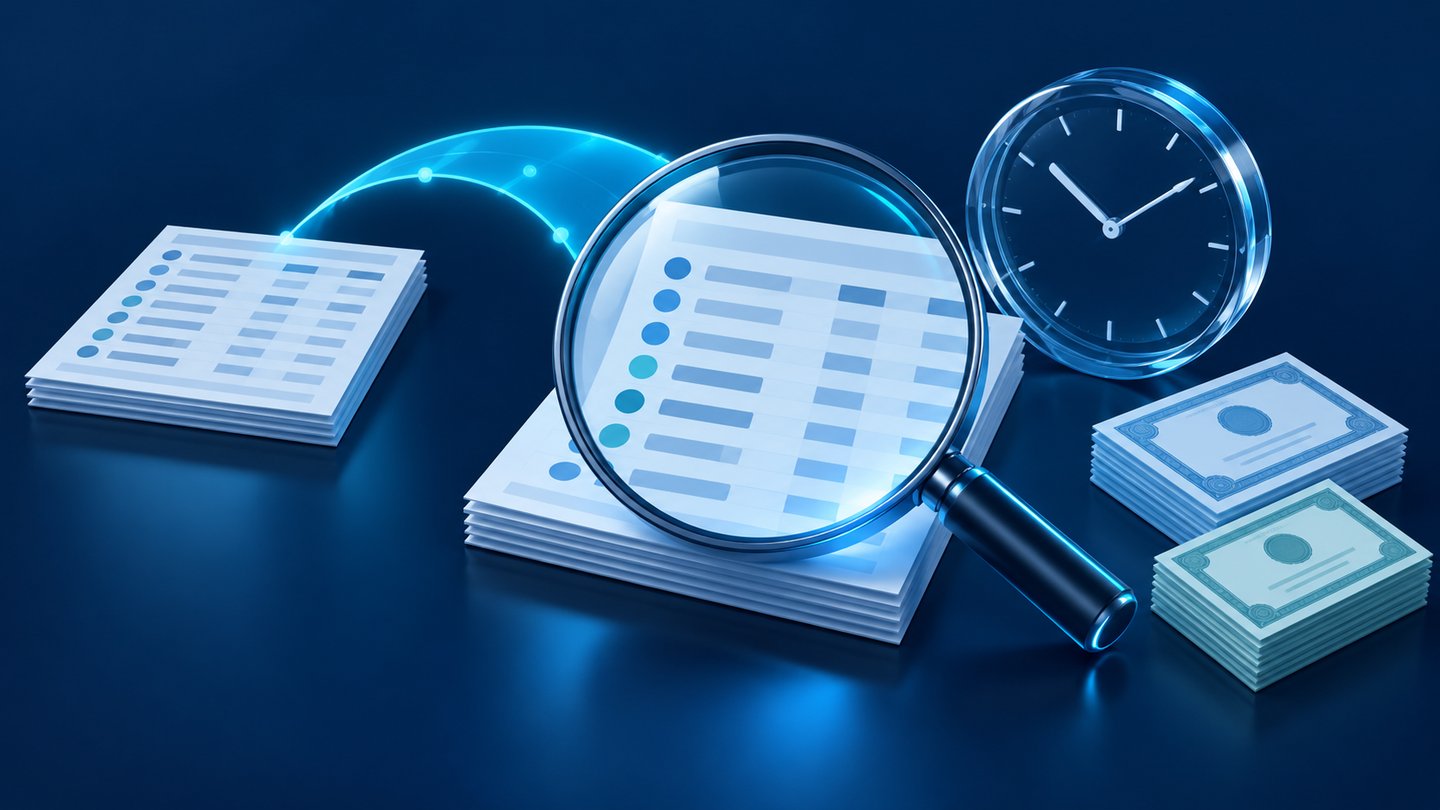 Conceptual illustration of a magnifying glass over portfolio documents beside a clock and stacks of share certificates.