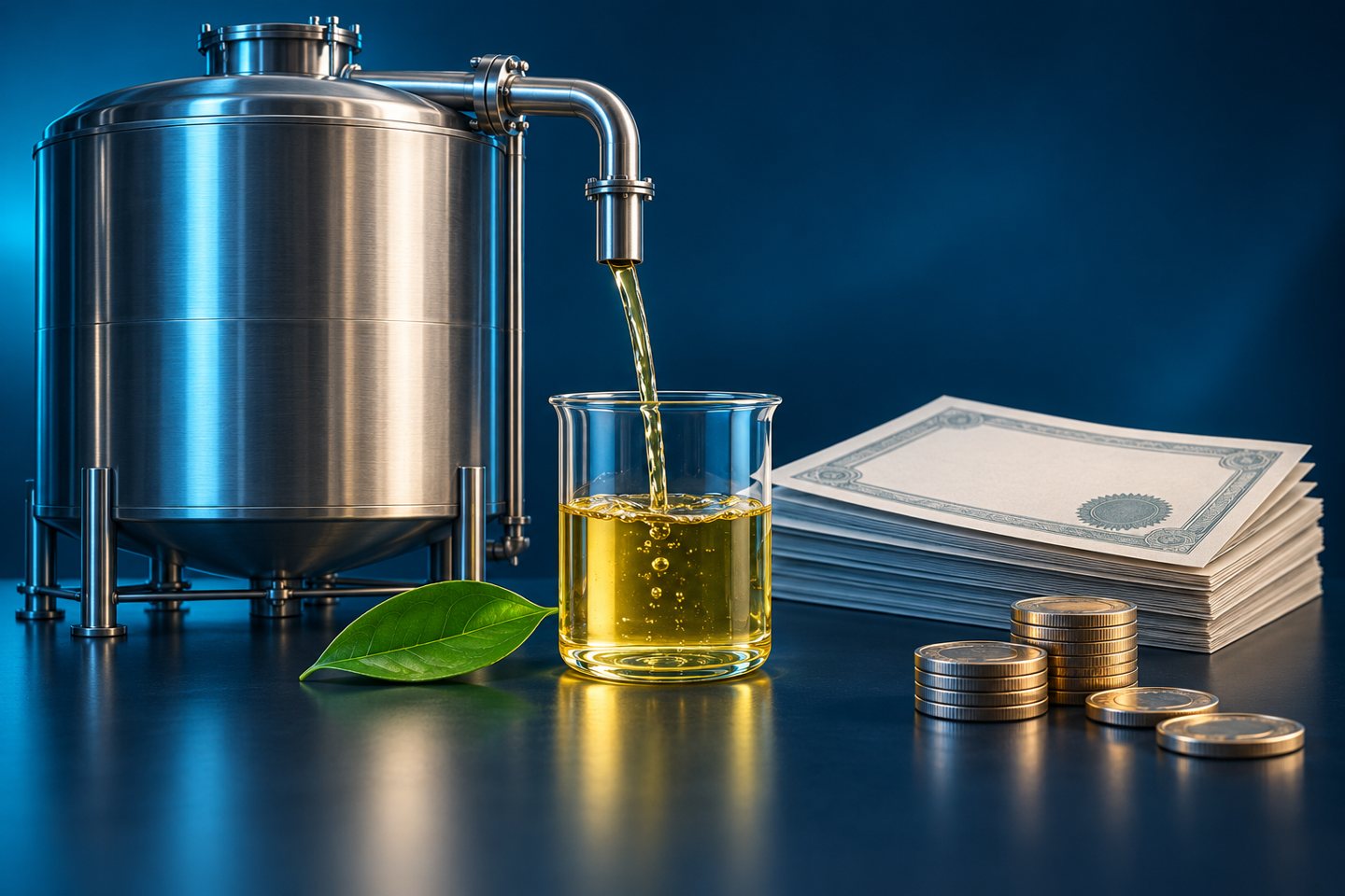 Conceptual illustration of a clean fuel storage tank, measuring vessel, blank credit certificates and separate coins in navy and cyan.