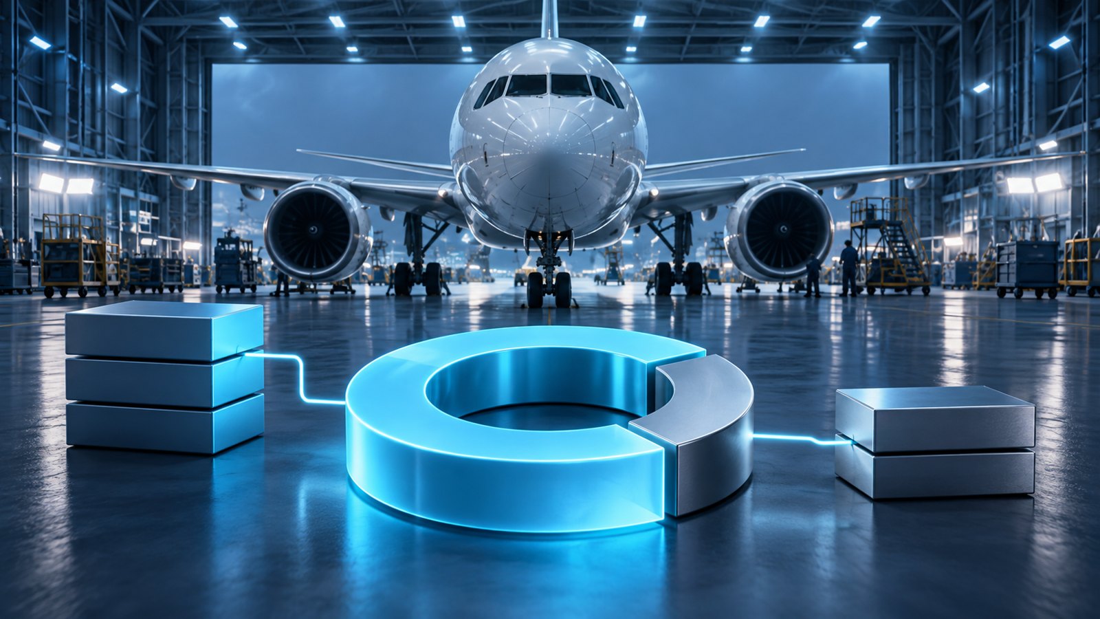 Conceptual illustration of an aircraft in a maintenance hangar with a divided ownership ring and financing blocks.