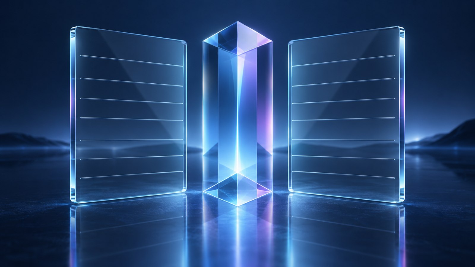 Conceptual navy and cyan glass layers aligned around an illuminated prism, representing comparable financial research baselines rather than actual company data.