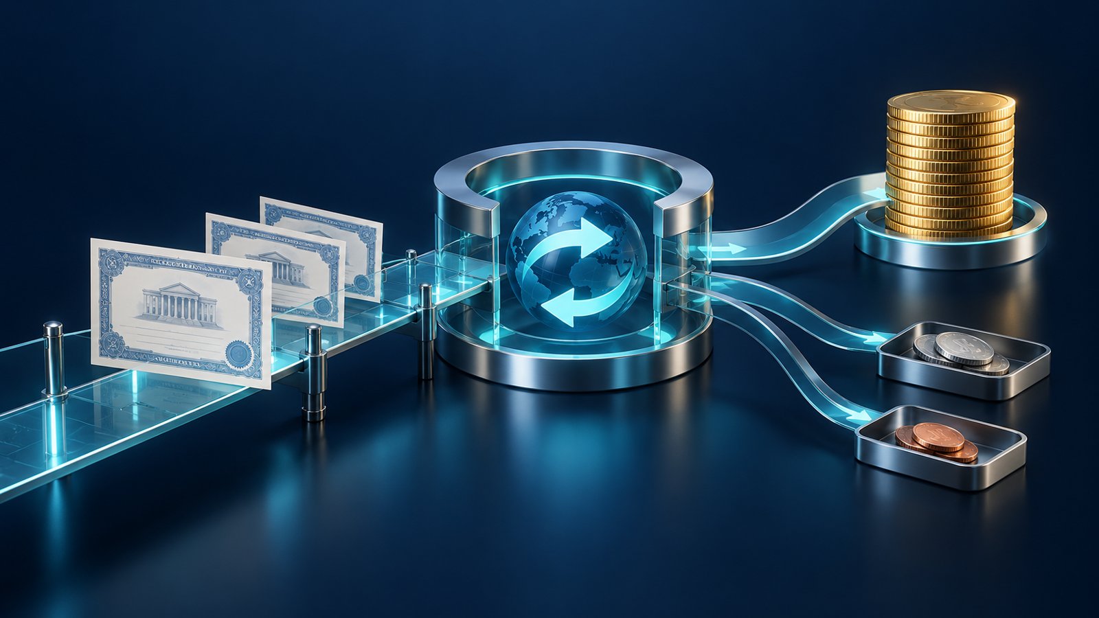 Conceptual illustration of share certificates crossing a bridge through a currency conversion ring toward a large coin stack and two smaller deduction trays.