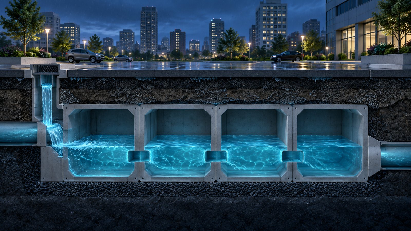 Conceptual cutaway of modular concrete stormwater chambers beneath an urban plaza, with cyan water flowing through the system.