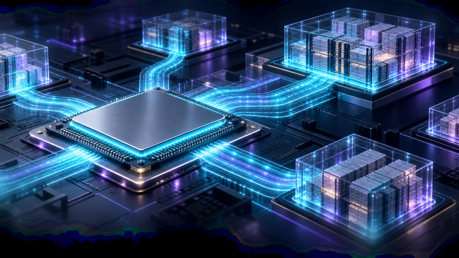 Conceptual semiconductor and luminous pathways connecting inventory-like blocks, illustrating growth and working capital rather than actual AMD hardware or financial data.