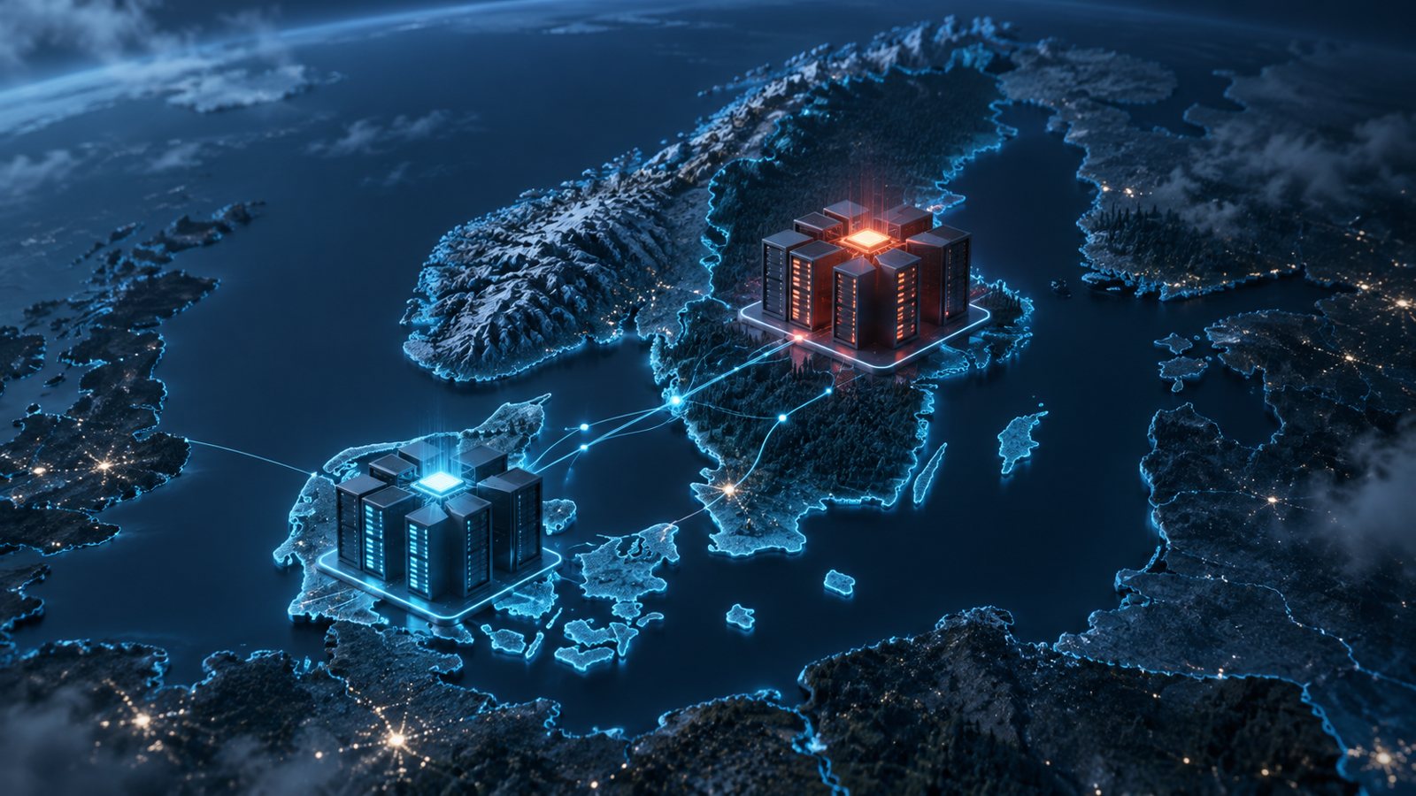 Conceptual illustration of two server clusters connected across a stylized Scandinavian coastline, representing expanding AI infrastructure choices.