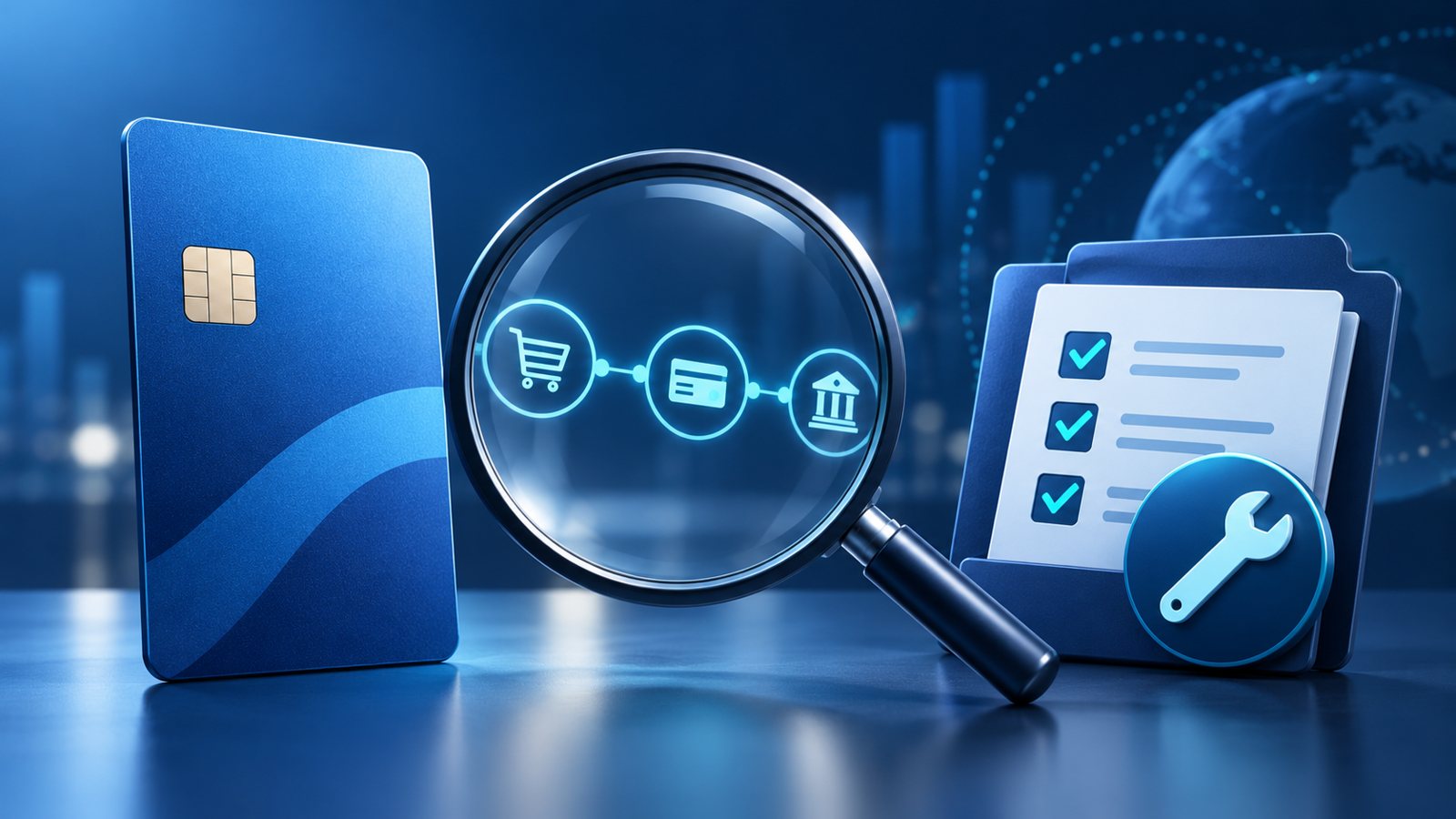 Conceptual unbranded payment card beside a magnifying glass inspecting transaction symbols and a remediation checklist.