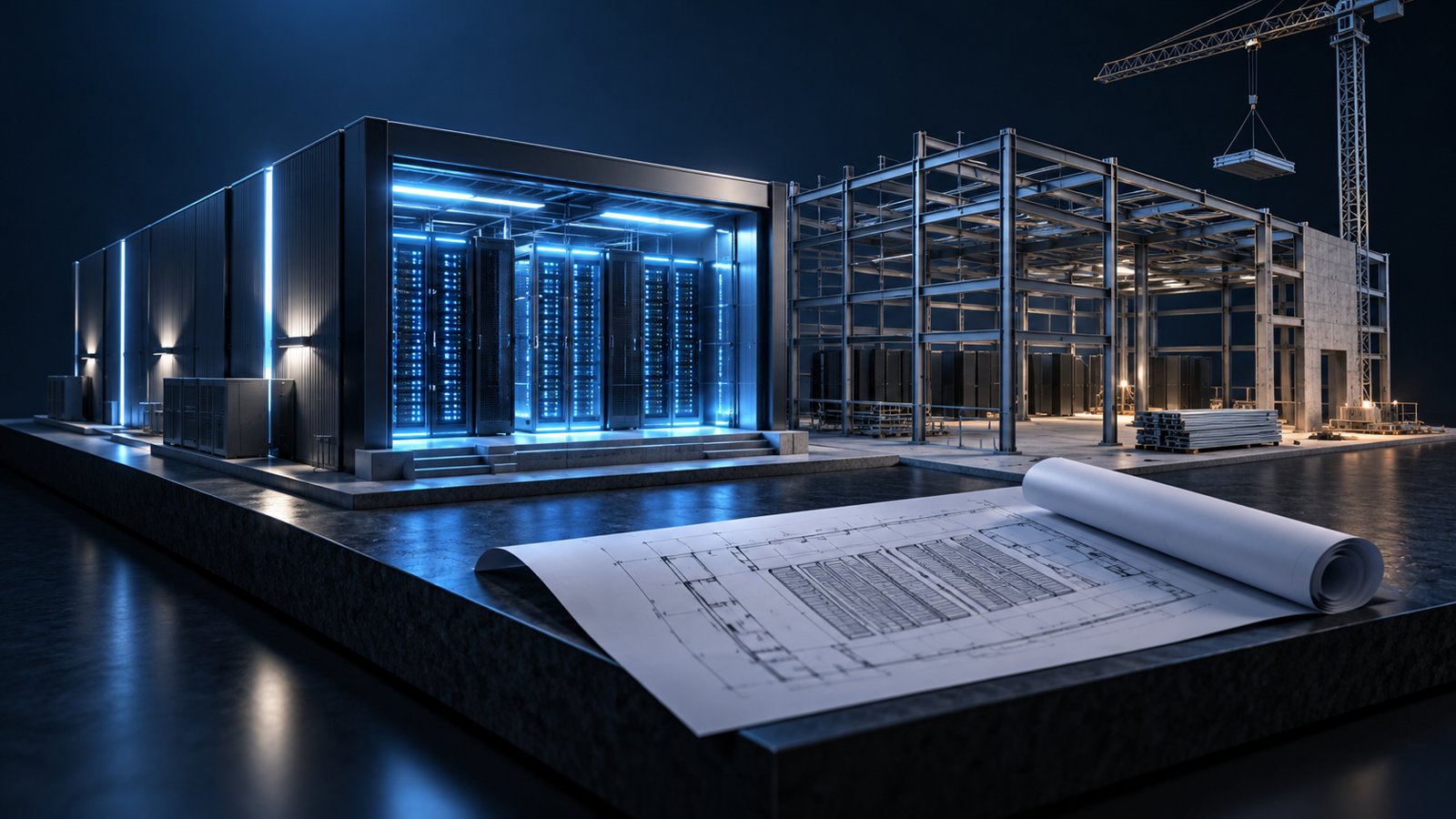 Conceptual illustration of an illuminated server hall beside a partially constructed steel-framed hall and rolled architectural plans.