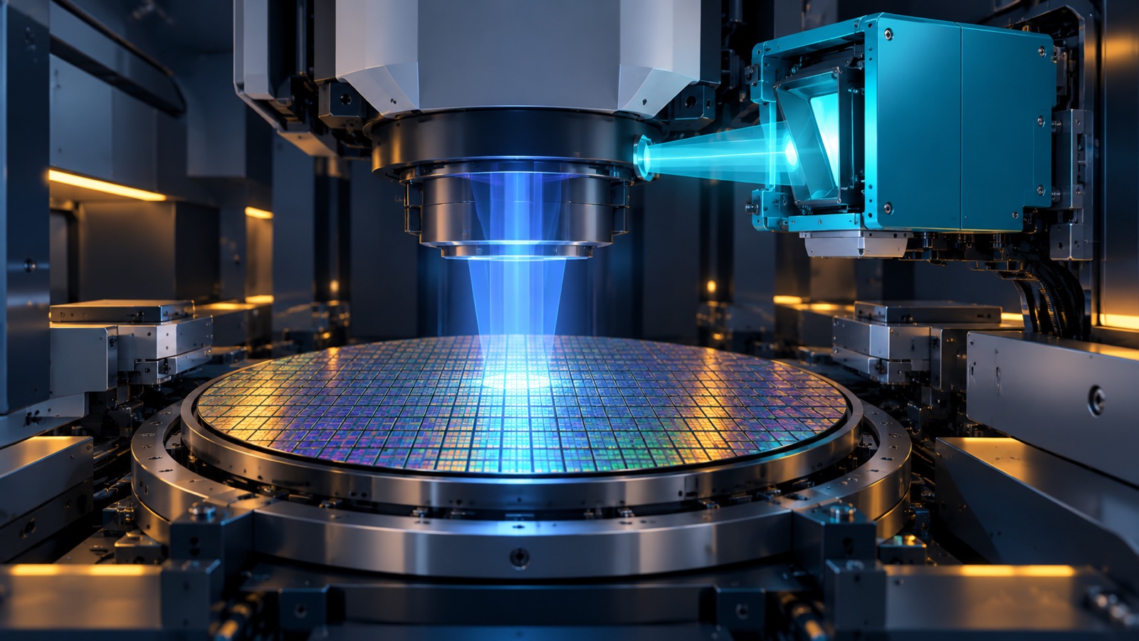 Conceptual illustration of a silicon wafer beneath precision equipment with a glowing upgrade module; not actual ASML hardware.