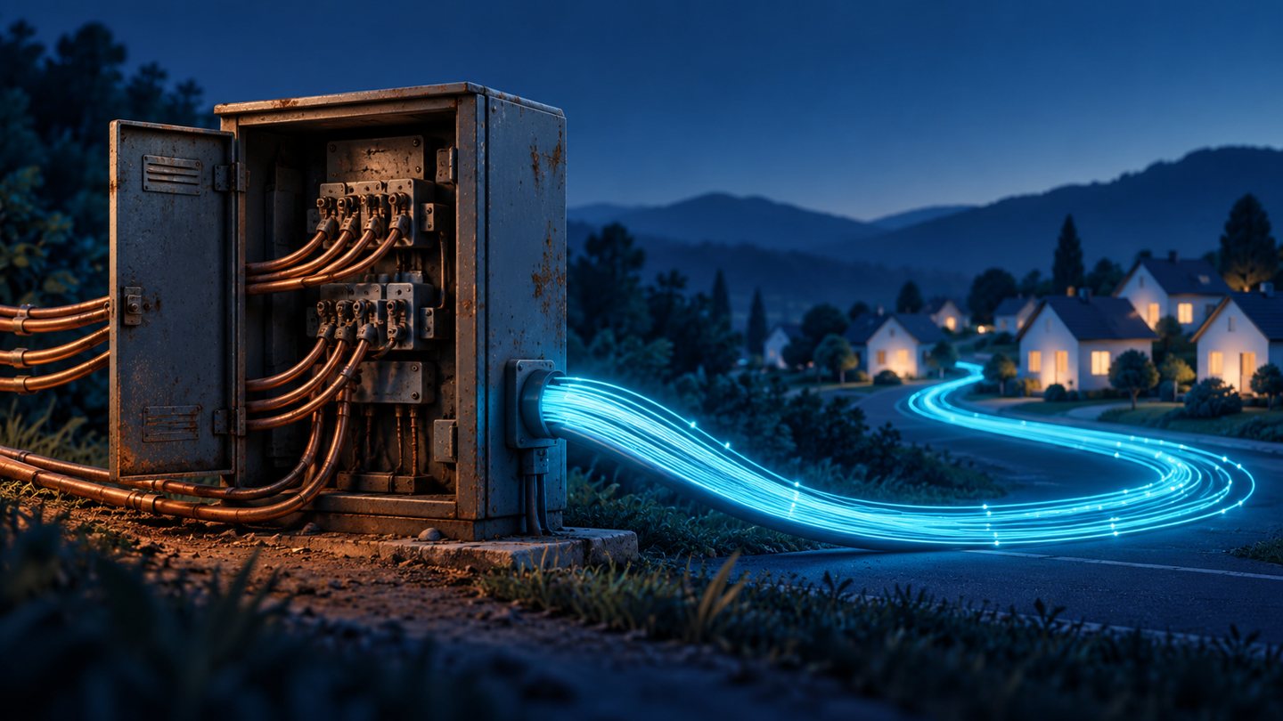 Conceptual copper junction cabinet beside a glowing fiber cable leading to homes; an illustration, not an actual AT&T facility.