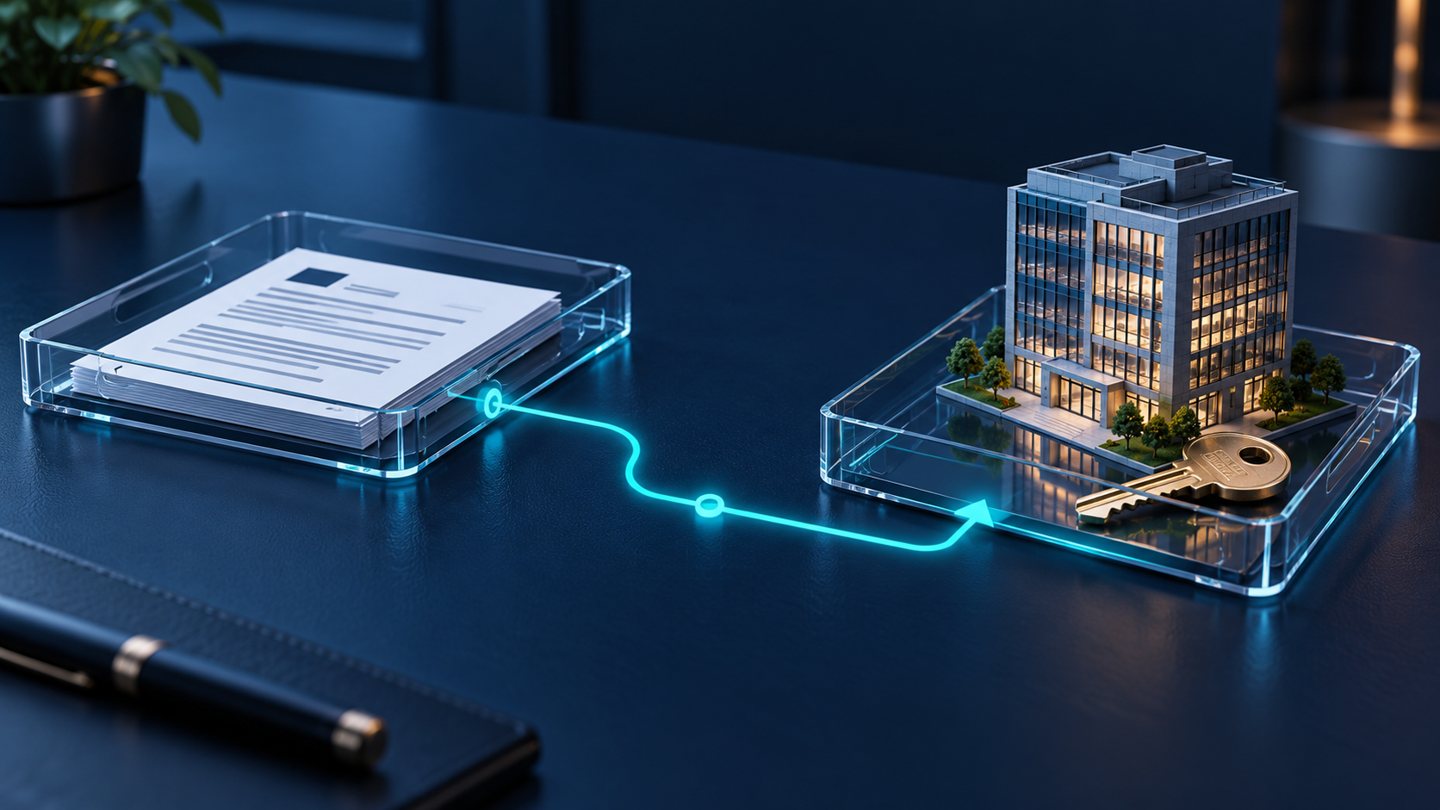 Conceptual loan papers connected to a miniature office building and key, illustrating transfer to foreclosed property; not an actual Bank OZK asset.