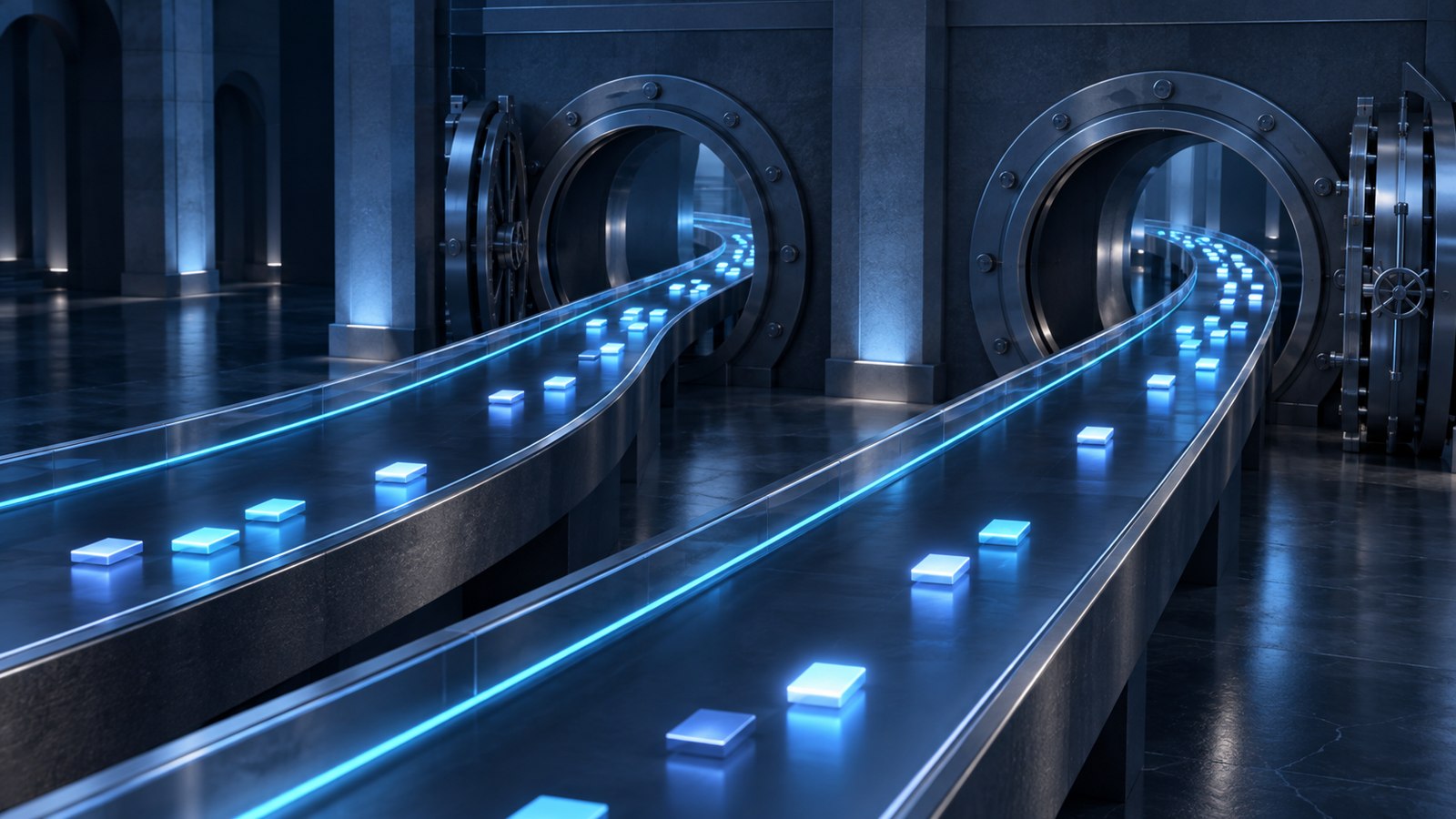 Conceptual navy and cyan illustration of illuminated tiles moving through architectural channels with spare capacity; not an actual market or data visualization.