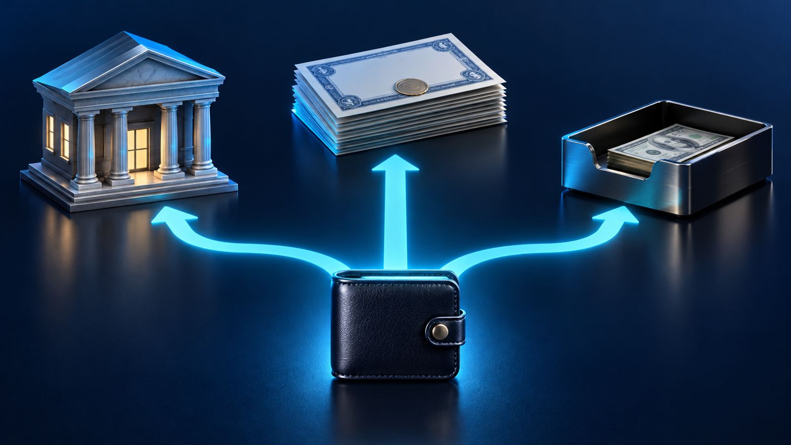 Conceptual illustration of a wallet branching toward a bank, fund certificates and a brokerage cash tray.