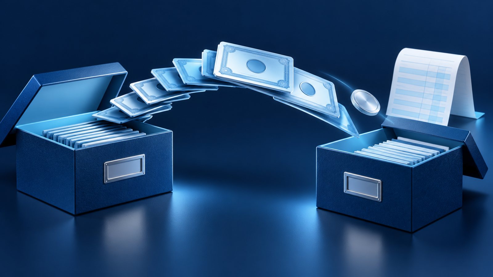 Conceptual stock certificates moving between two archive boxes, with a separate coin and acquisition ledger