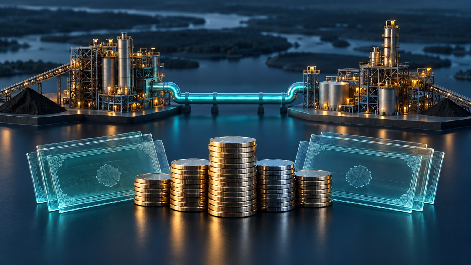 Conceptual industrial processing modules joined by a cyan pipeline beside coins and blank translucent equity certificates.