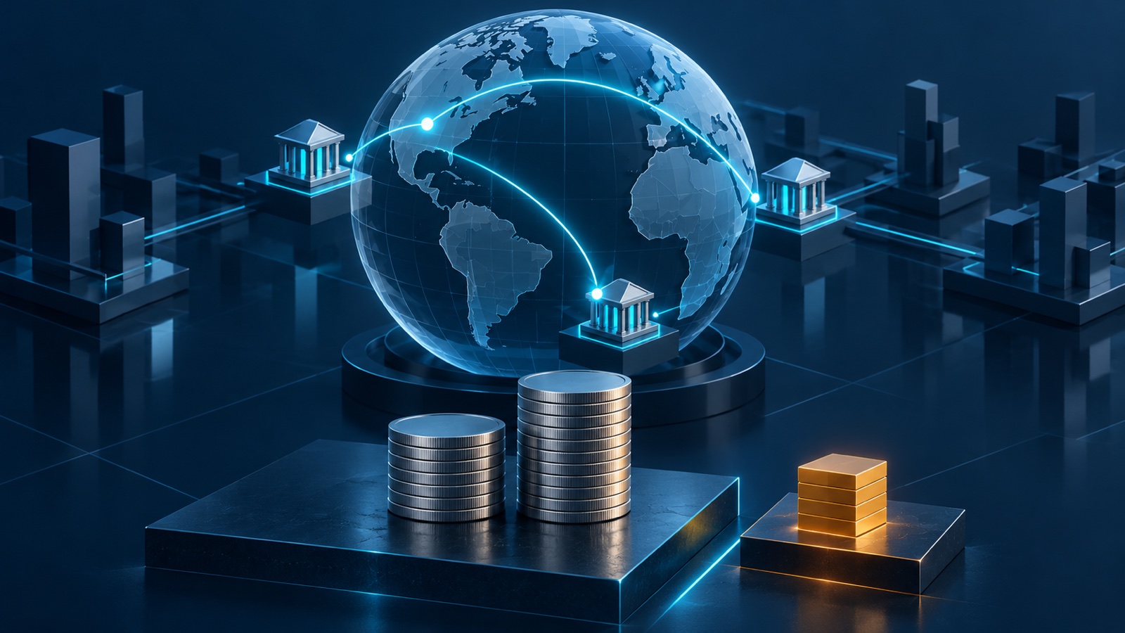 Conceptual globe connecting banks through cyan transaction routes, with coin stacks and a separate amber block representing operating activity and accounting adjustments.