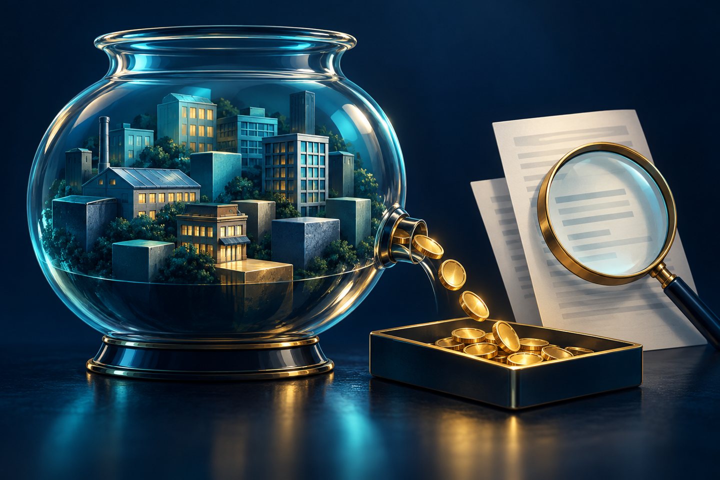 Conceptual illustration of coins flowing from a vessel containing company buildings beside a magnifying glass and report.