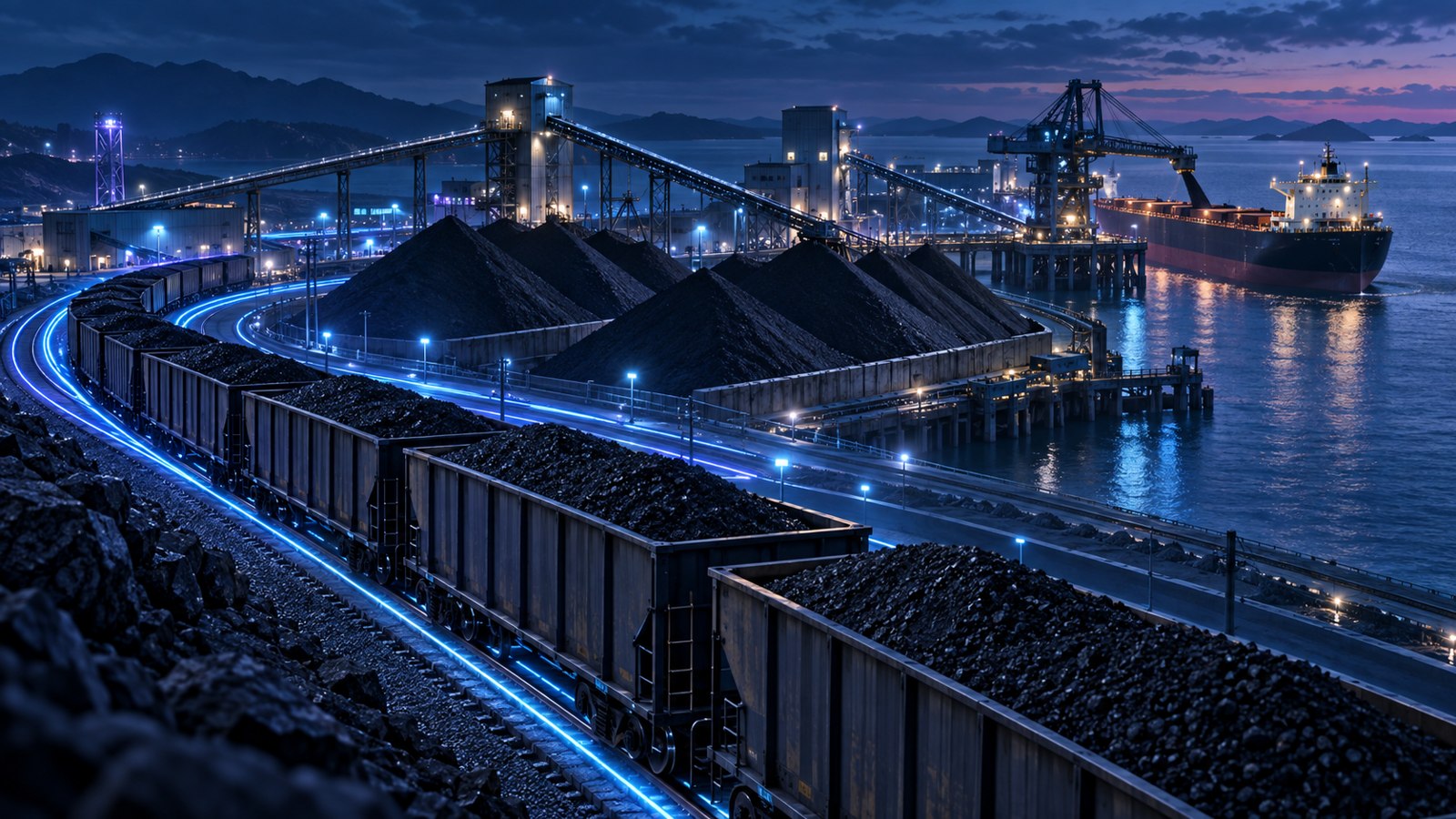 Conceptual coal freight train, stockpiles and bulk shipping terminal illuminated in navy and cyan; an editorial illustration, not a photograph of a specific facility.