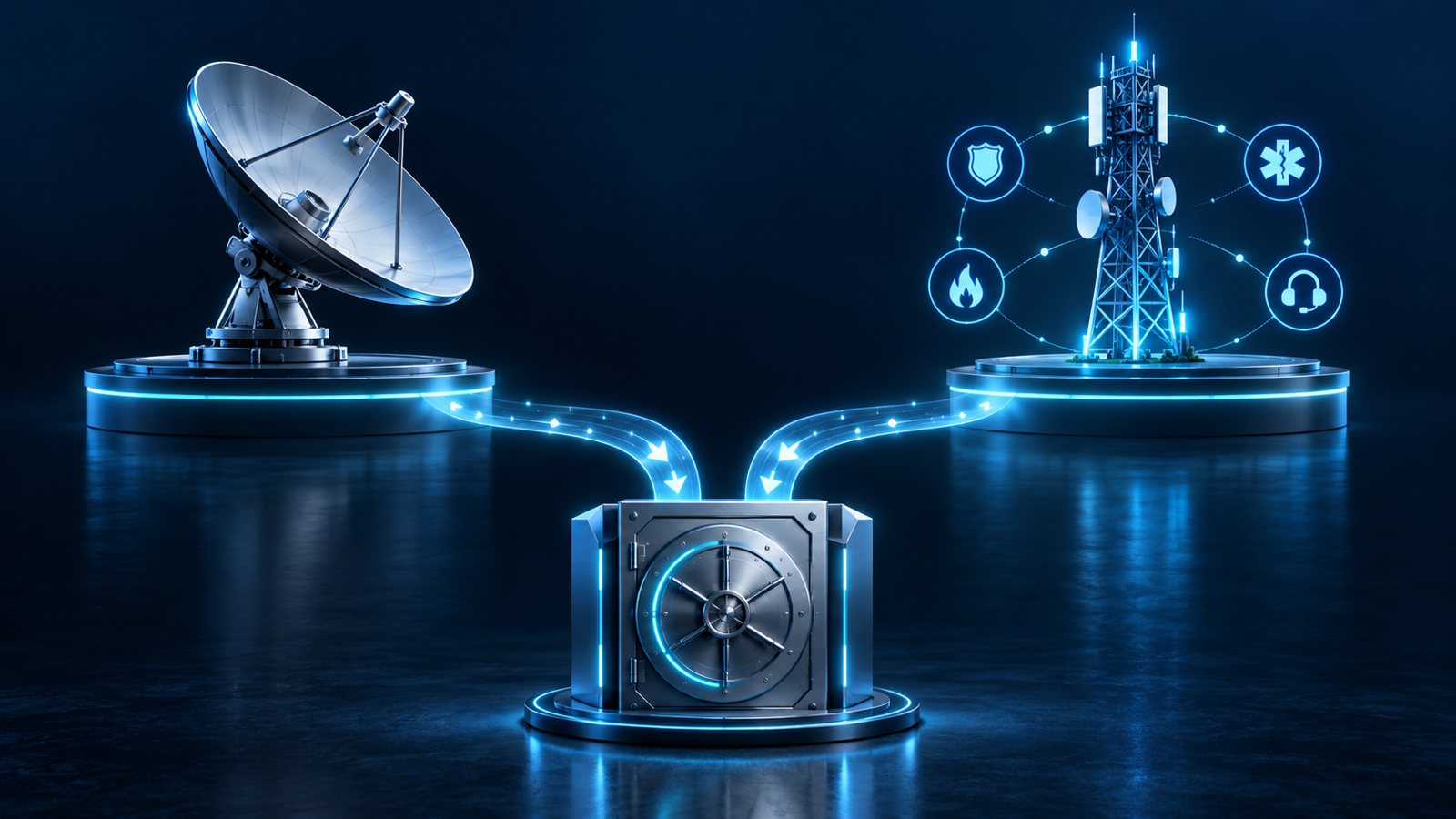 Conceptual satellite dish and public safety communications tower with cyan paths leading toward a vault representing creditor repayments.