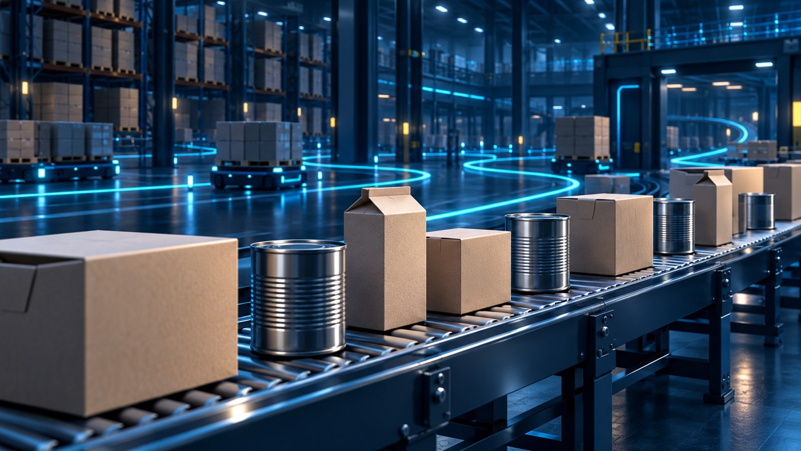 Concept illustration of unbranded food packaging on a warehouse conveyor with cyan supply-chain lighting; not an actual Conagra facility.