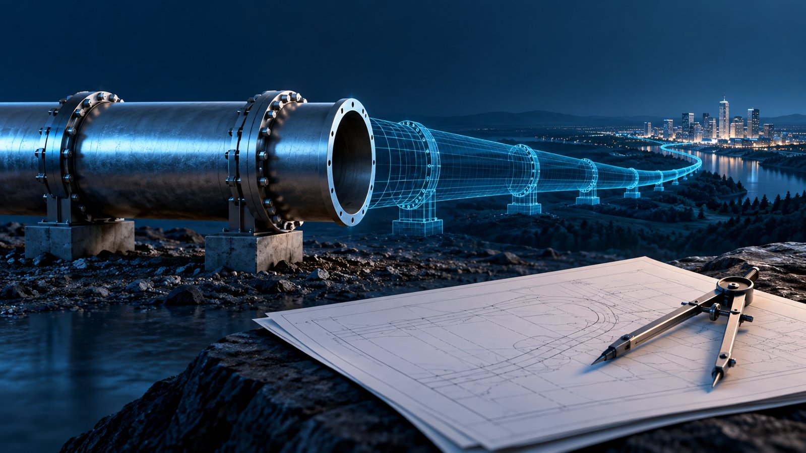 Conceptual gas pipe continuing as a cyan blueprint toward a city, beside an engineering drawing and compass.