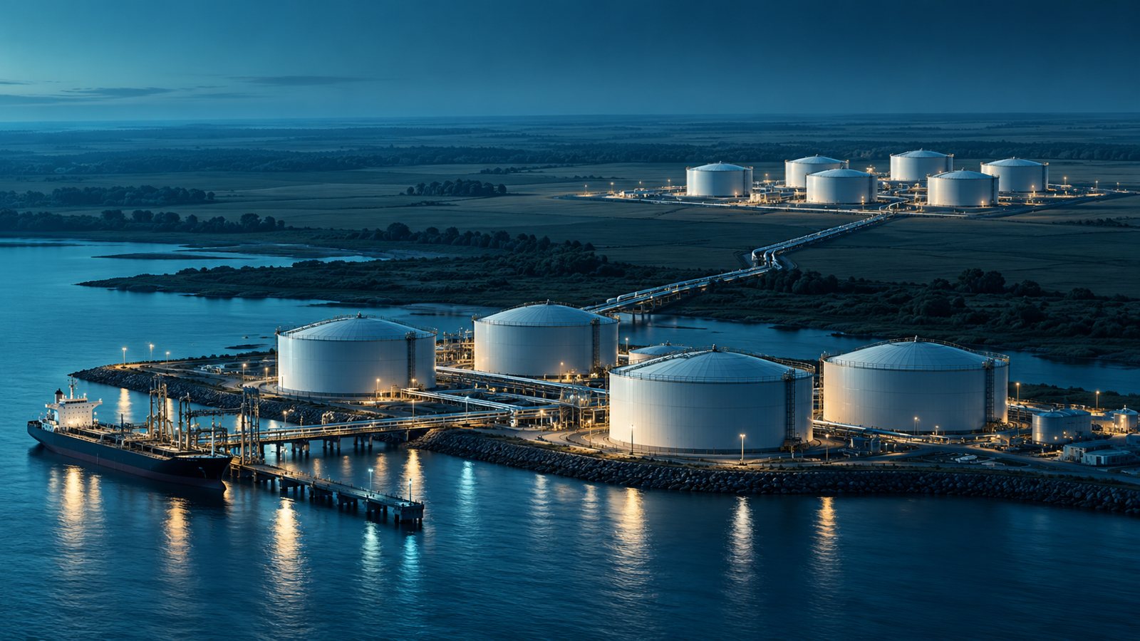 Conceptual illustration of coastal oil storage tanks and an inland storage hub, connected by pipelines