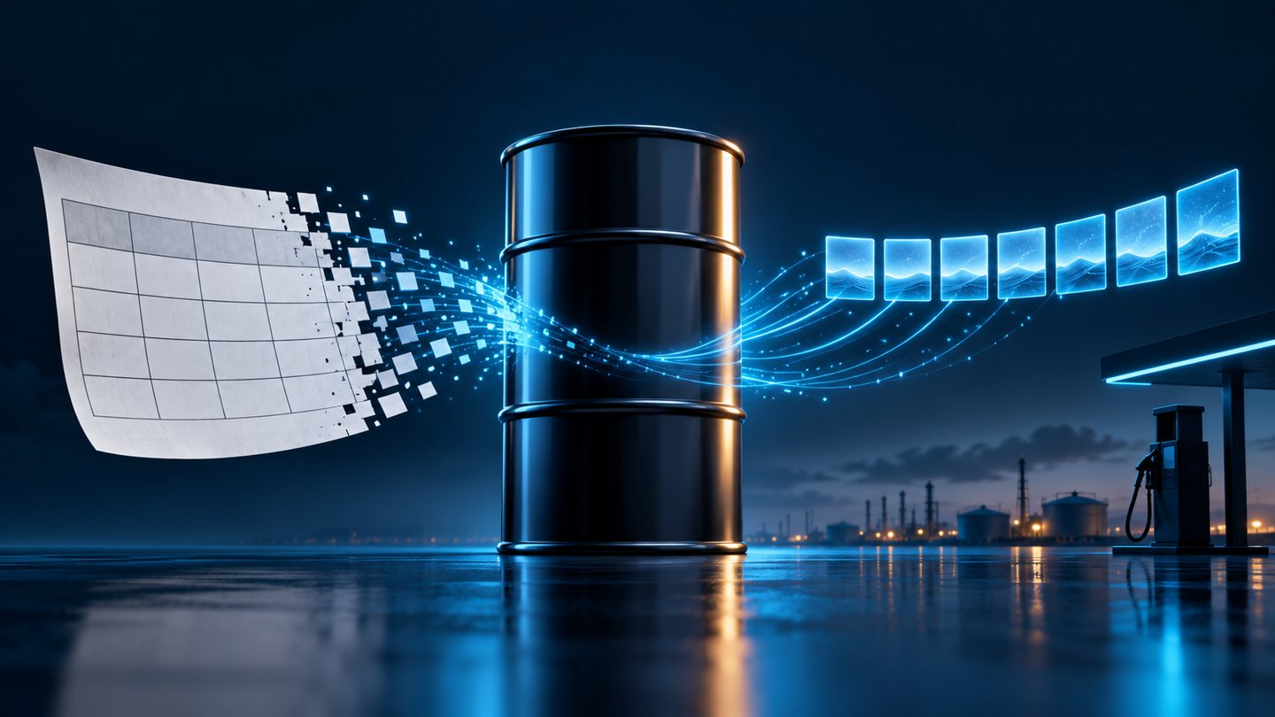 Conceptual oil barrel beside a paper grid and glowing daily tiles, illustrating the transition in petroleum price publication; not actual market data.