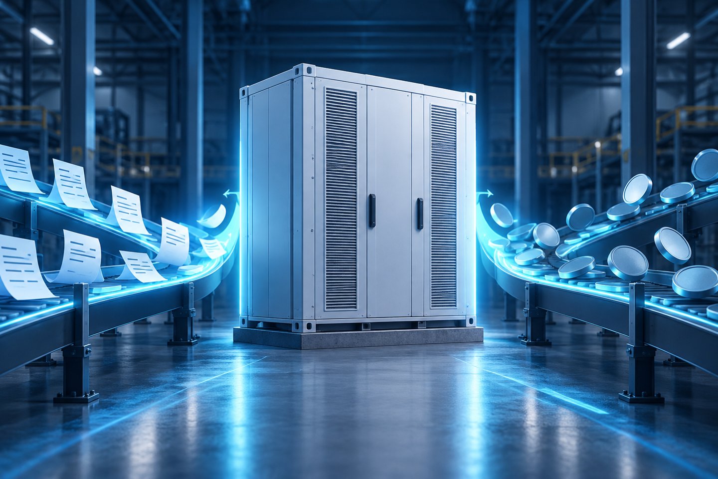 Conceptual illustration of a battery storage cabinet with separate streams of customer receipts and financing tokens.