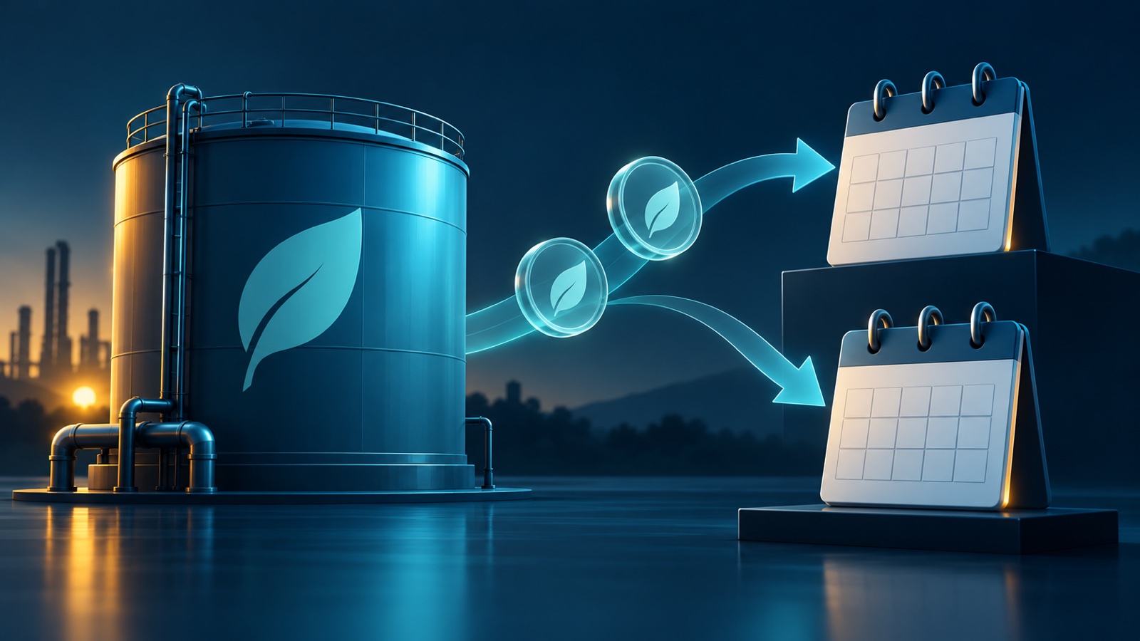 Conceptual illustration of a biofuel tank and separate credit tokens pointing toward two blank calendars.