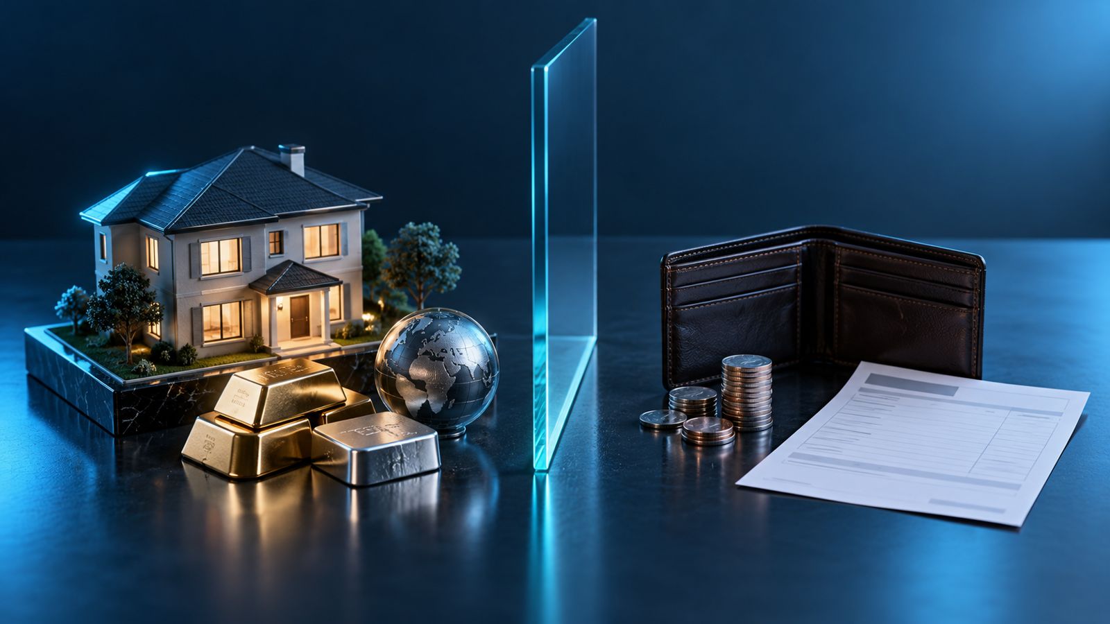 Conceptual illustration of a house and asset blocks separated by glass from a wallet, coins and a blank bill.