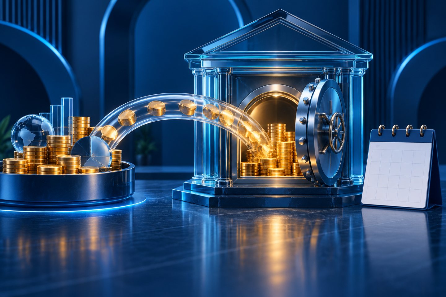Conceptual illustration of coins moving through a transparent channel into a bank vault beside a blank calendar.