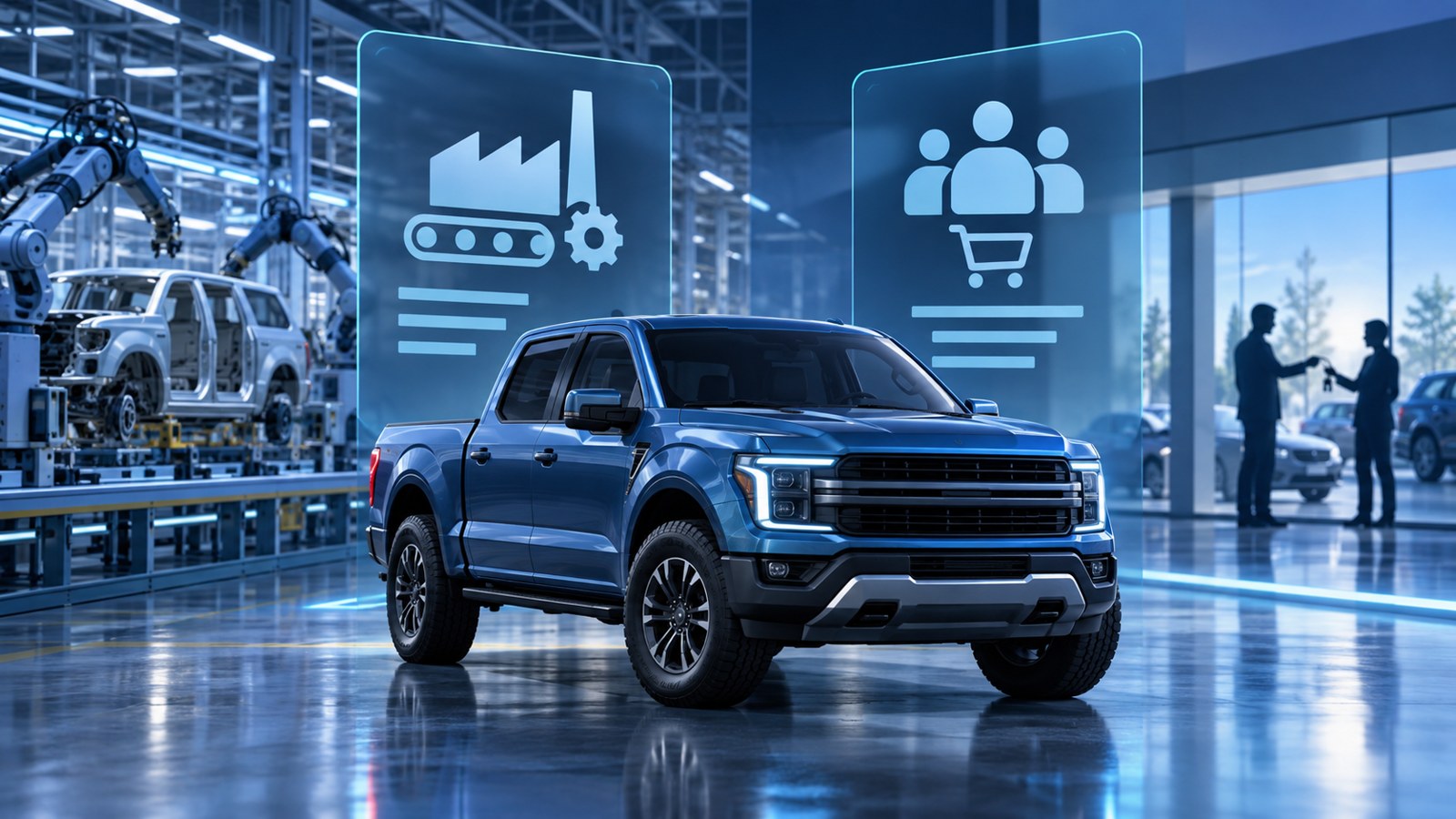 Conceptual illustration of a blue pickup beside separate factory and customer panels; not a photograph of Ford operations or a data chart.