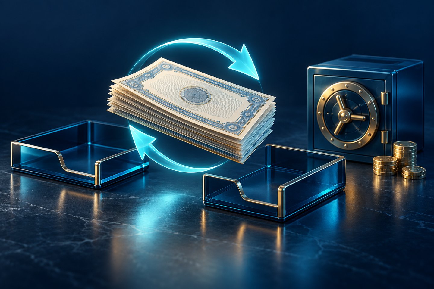 Illustration of stock certificates moving between two trays beside a collateral vault and coins.