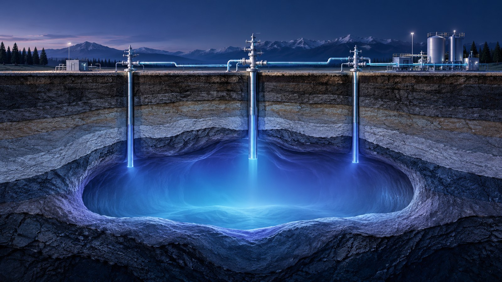 Conceptual cutaway of an underground gas storage cavern connected to surface pipes, illuminated in blue; not a real facility or measured inventory.