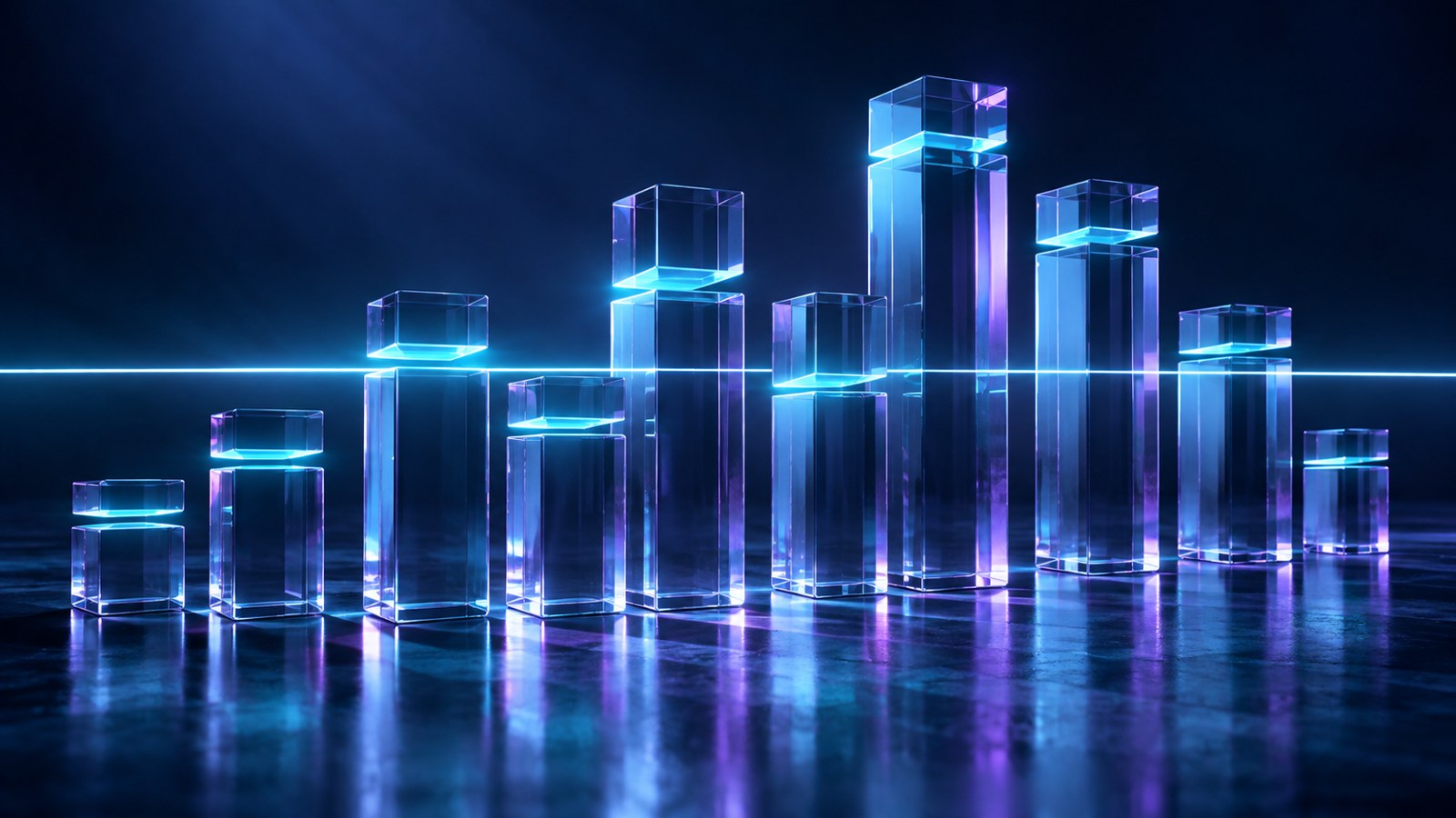 Conceptual editorial illustration of translucent measurement columns and a luminous reference line; not a chart of actual GDP data.