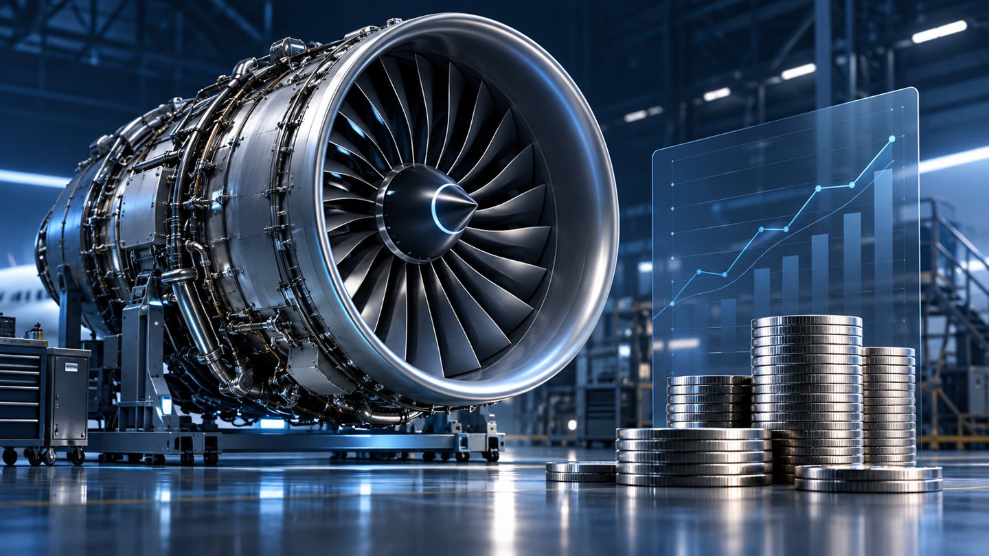 Conceptual jet-engine turbine beside coins and an illustrative financial panel; no actual financial data is depicted