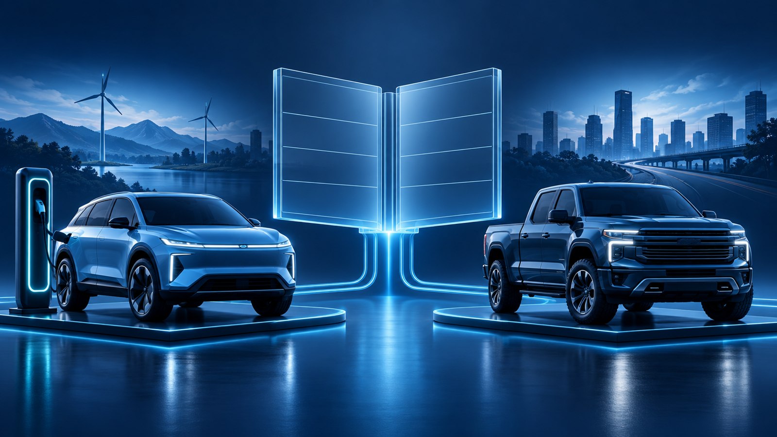 Conceptual blue illustration of an electric crossover and pickup beside a blank luminous ledger; not actual GM vehicles or sales data.