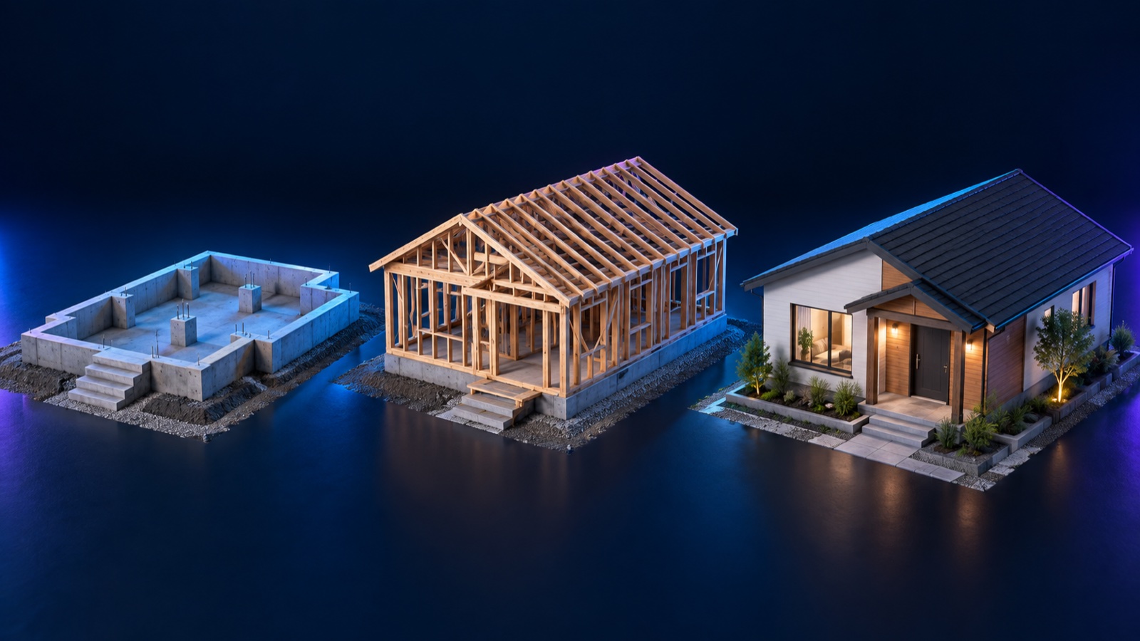 Conceptual models of a house foundation, timber framing and completed home under blue lighting.