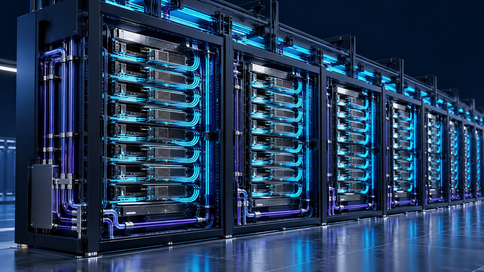 Conceptual illustration of interconnected AI server racks and cooling lines in cyan and violet; not a photograph of HPE or Vultr equipment.