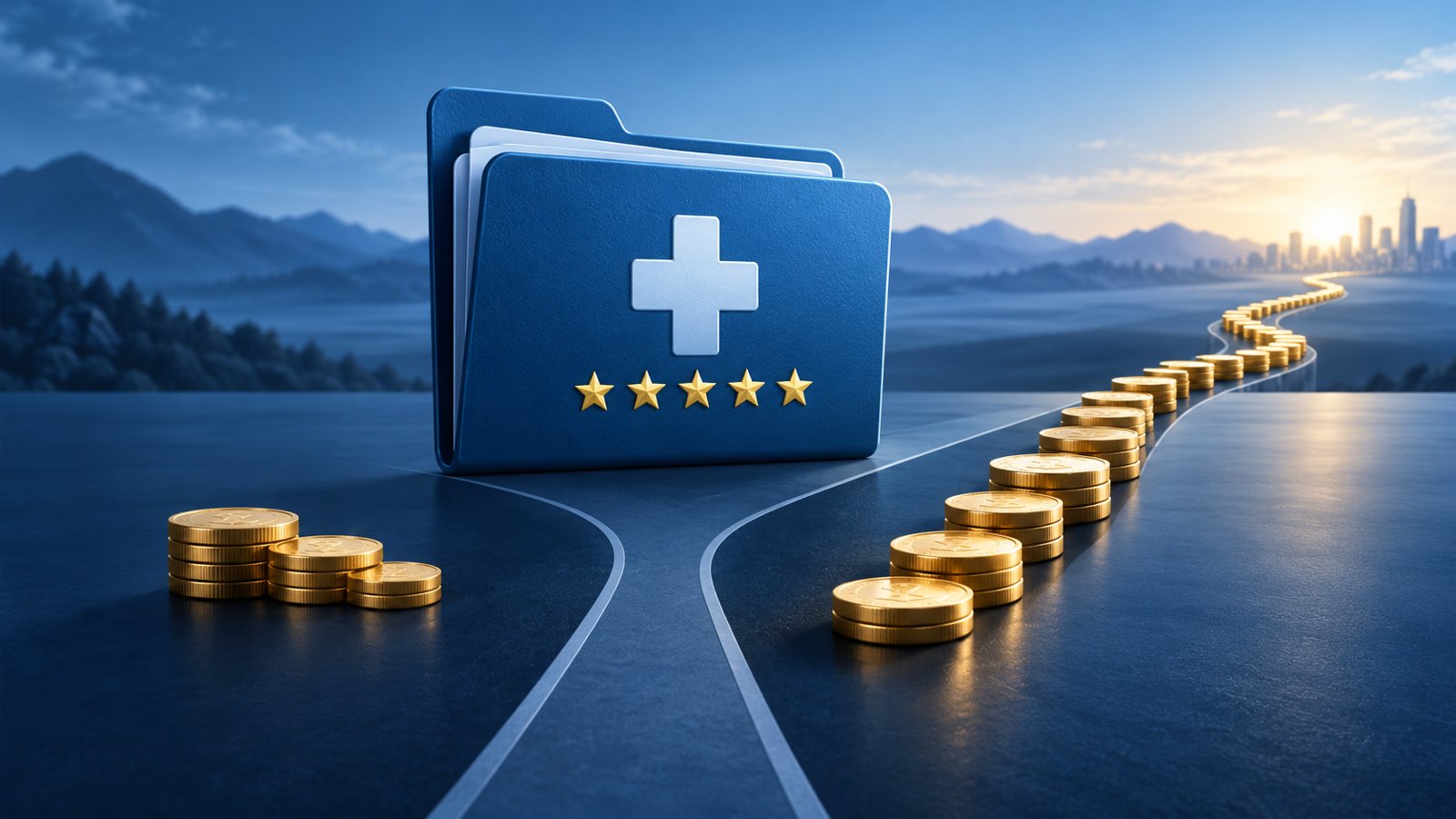 Conceptual medical insurance folder with decorative stars beside short and extended coin paths; the stars do not depict Humana’s actual rating.