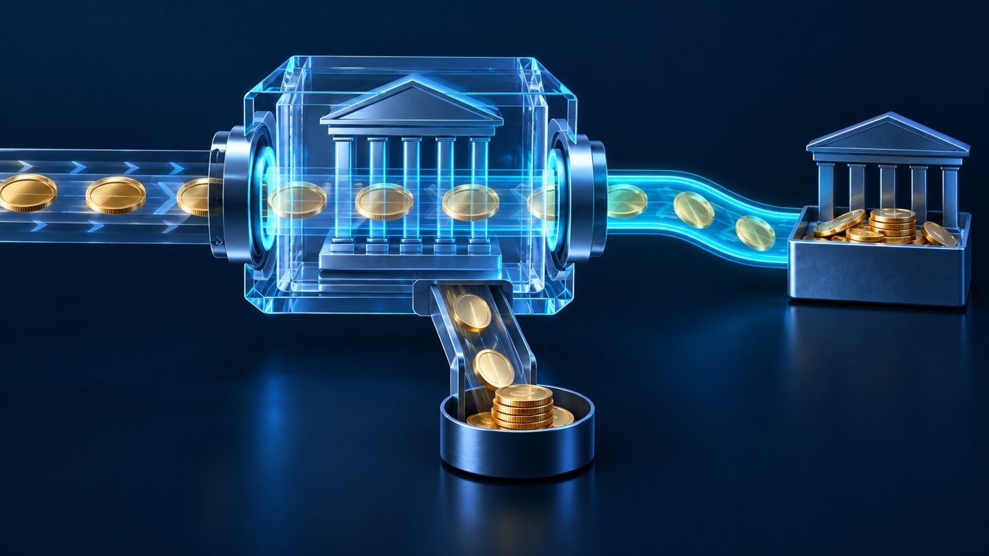 Conceptual illustration of coins moving through an exchange gateway toward a separate collection tray, with a smaller retained coin stack.
