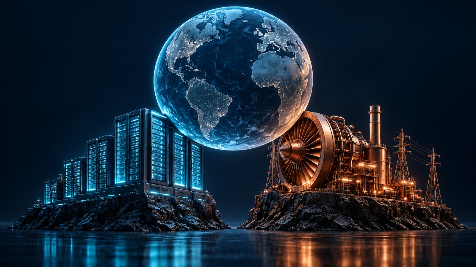Conceptual globe floating between blue AI server racks and copper energy infrastructure.