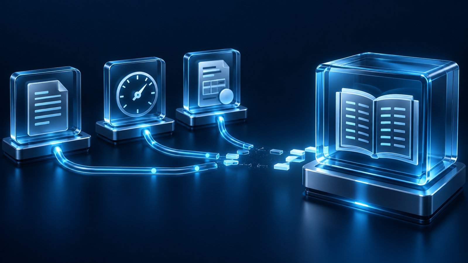 Conceptual contract, usage-meter and invoice modules connected by an unfinished cyan bridge to a larger accounting ledger on a navy background.