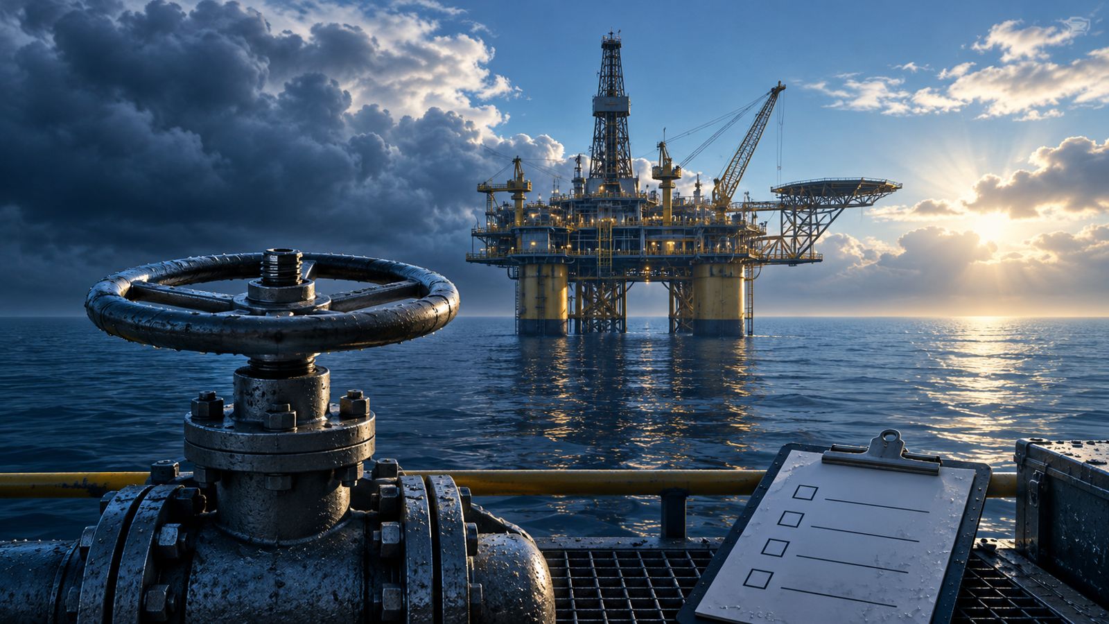 Conceptual illustration of an offshore production platform, a closed valve and an inspection clipboard above a dark blue sea.