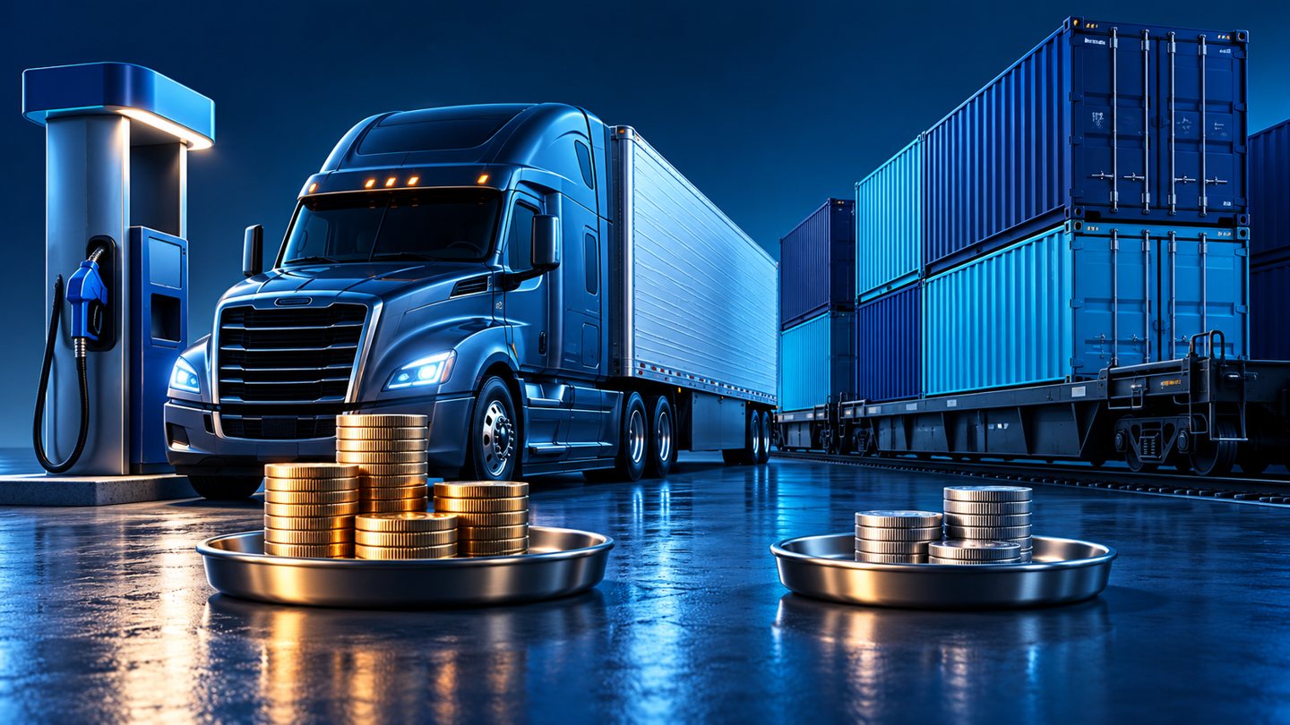 Conceptual illustration of a freight truck, intermodal containers and a fuel pump beside two separate coin trays.