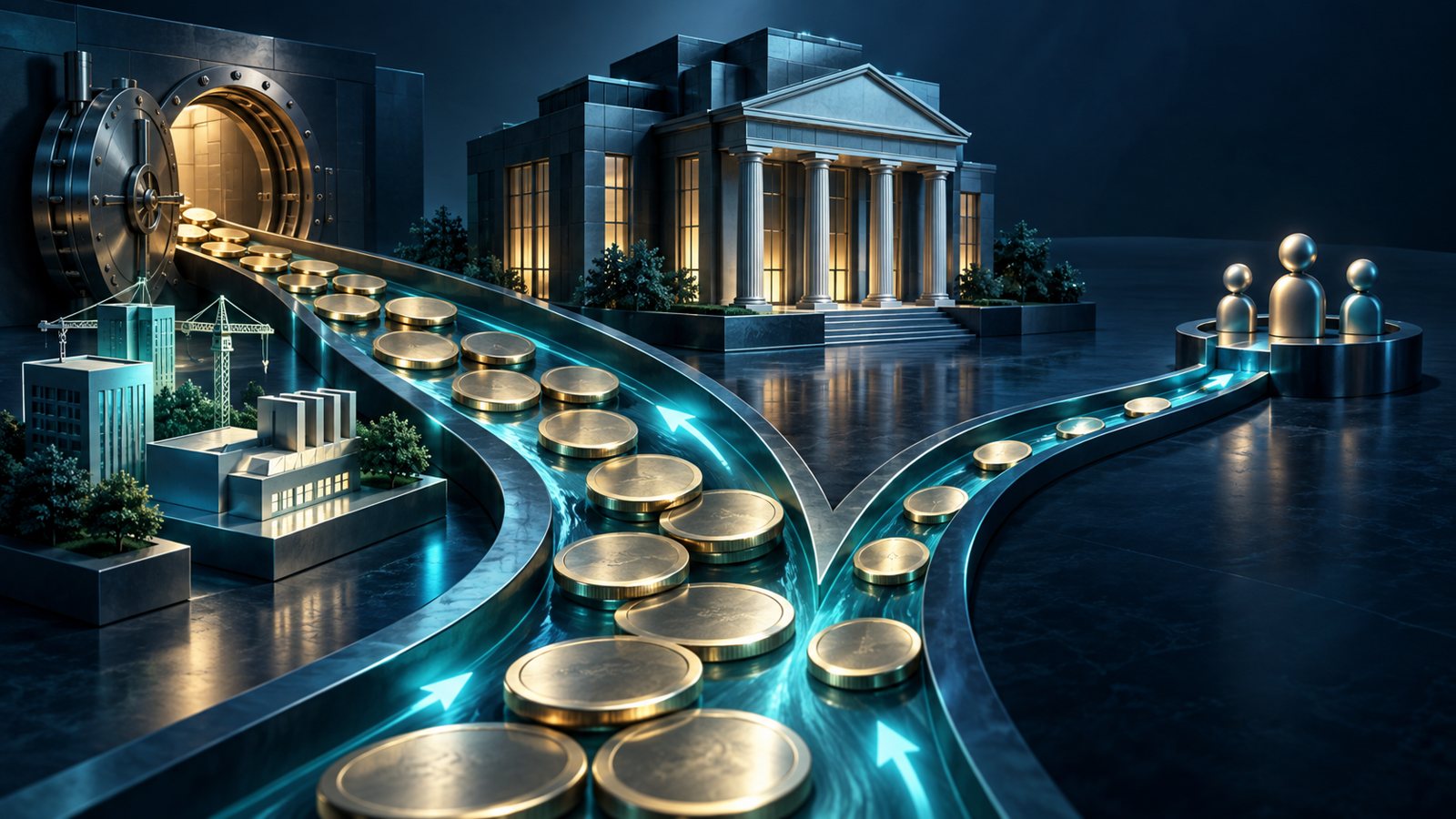 Conceptual illustration of a bank with branching coin channels toward retained capital and shareholder distributions; not actual financial data.