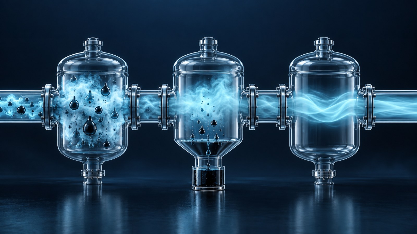 Conceptual blue pipeline and separation stages representing different gas production measures; not an actual facility or data diagram.