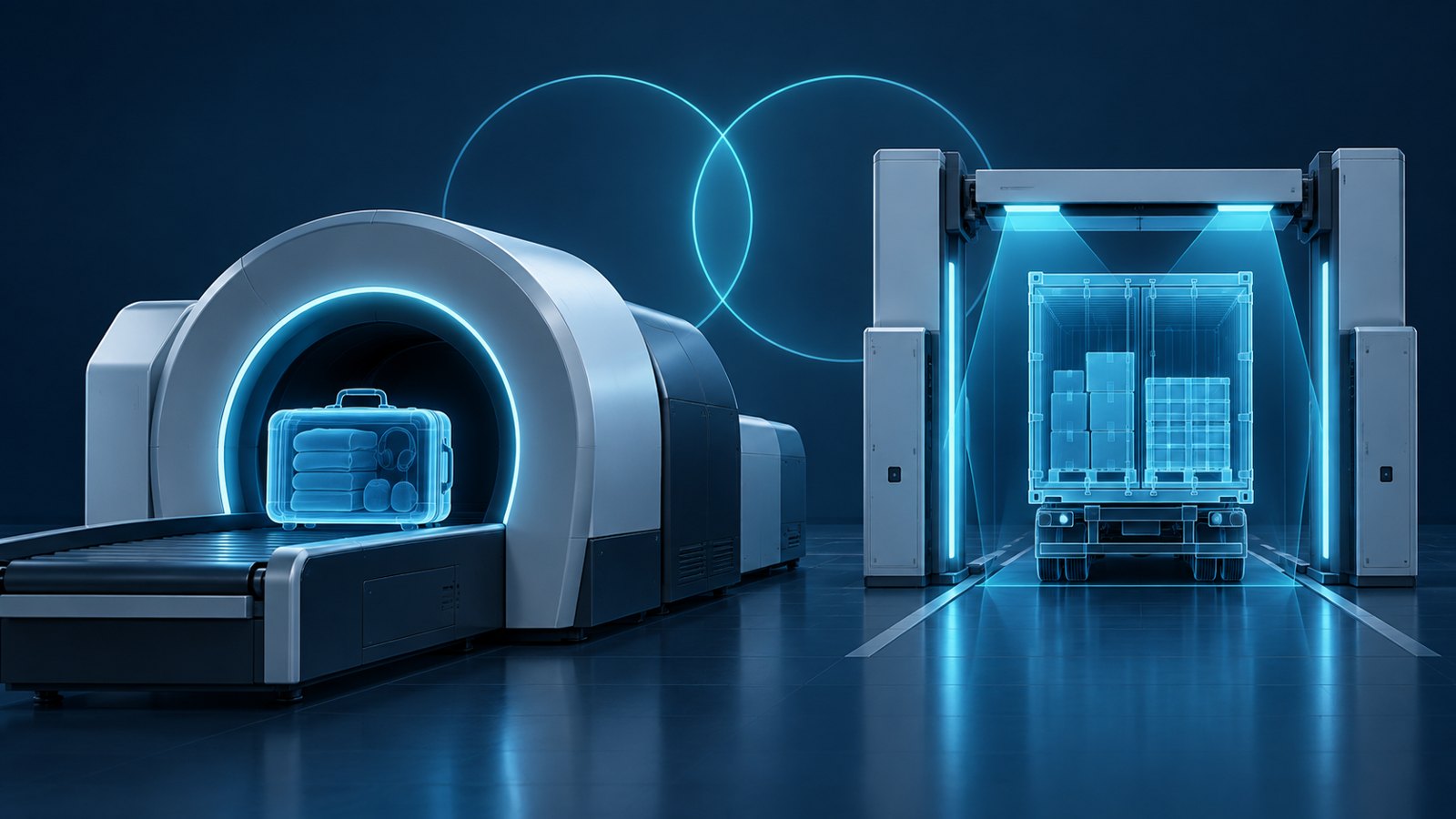 Conceptual airport baggage scanner and cargo inspection portal connected by cyan light against a navy background.
