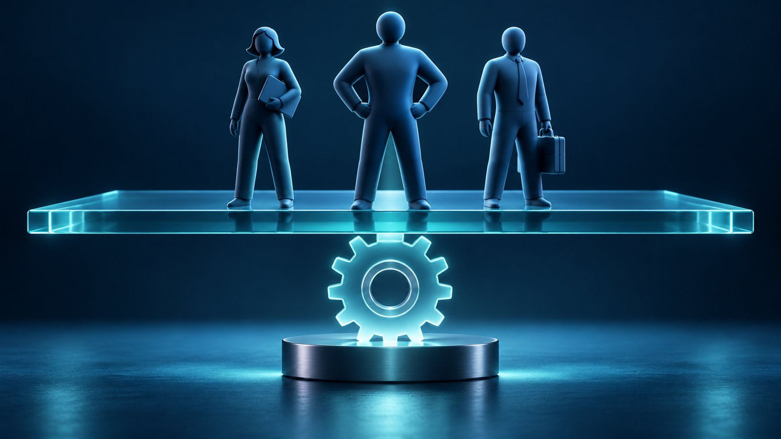 Conceptual cyan human figures on glass platforms with a luminous gear representing staffing operations and cost efficiency.