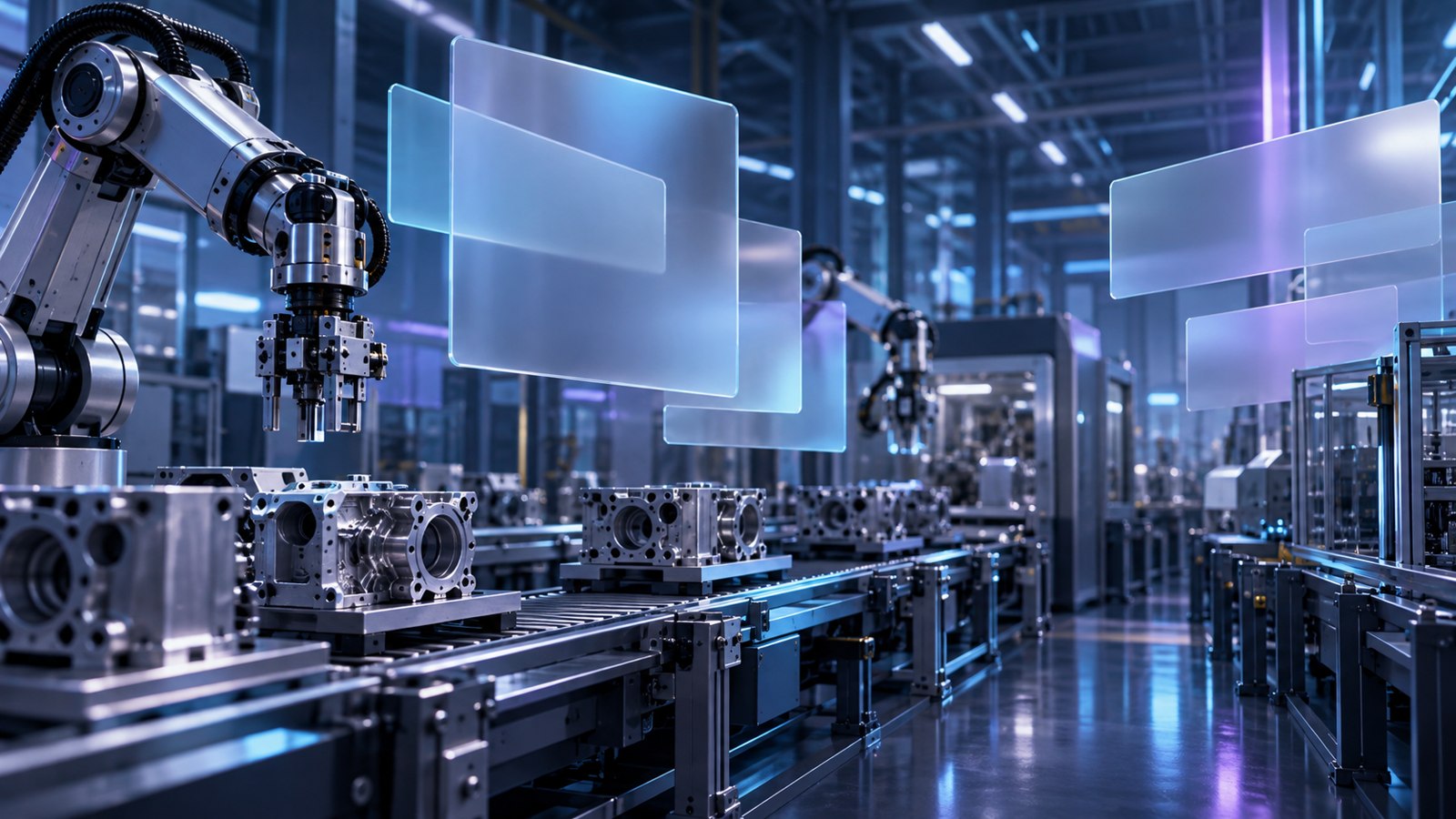 Conceptual industrial production line and translucent survey panels in a navy and cyan setting, without numerical data.