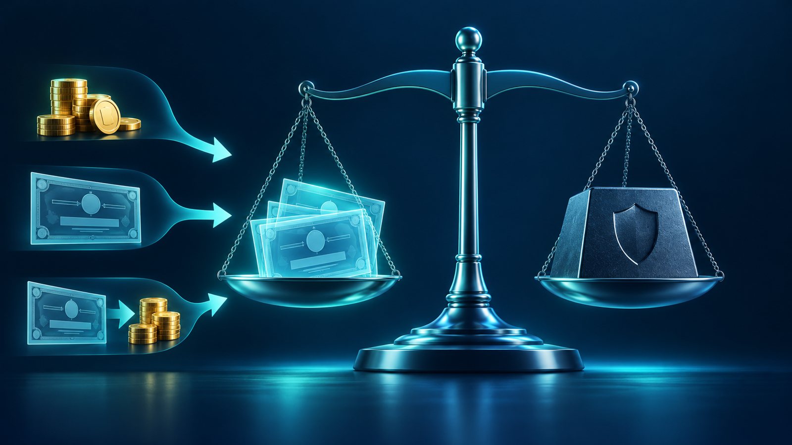Conceptual illustration of a balance scale holding stock certificates and a debt block, with three paths representing cash, transferred shares and shares converted to cash.