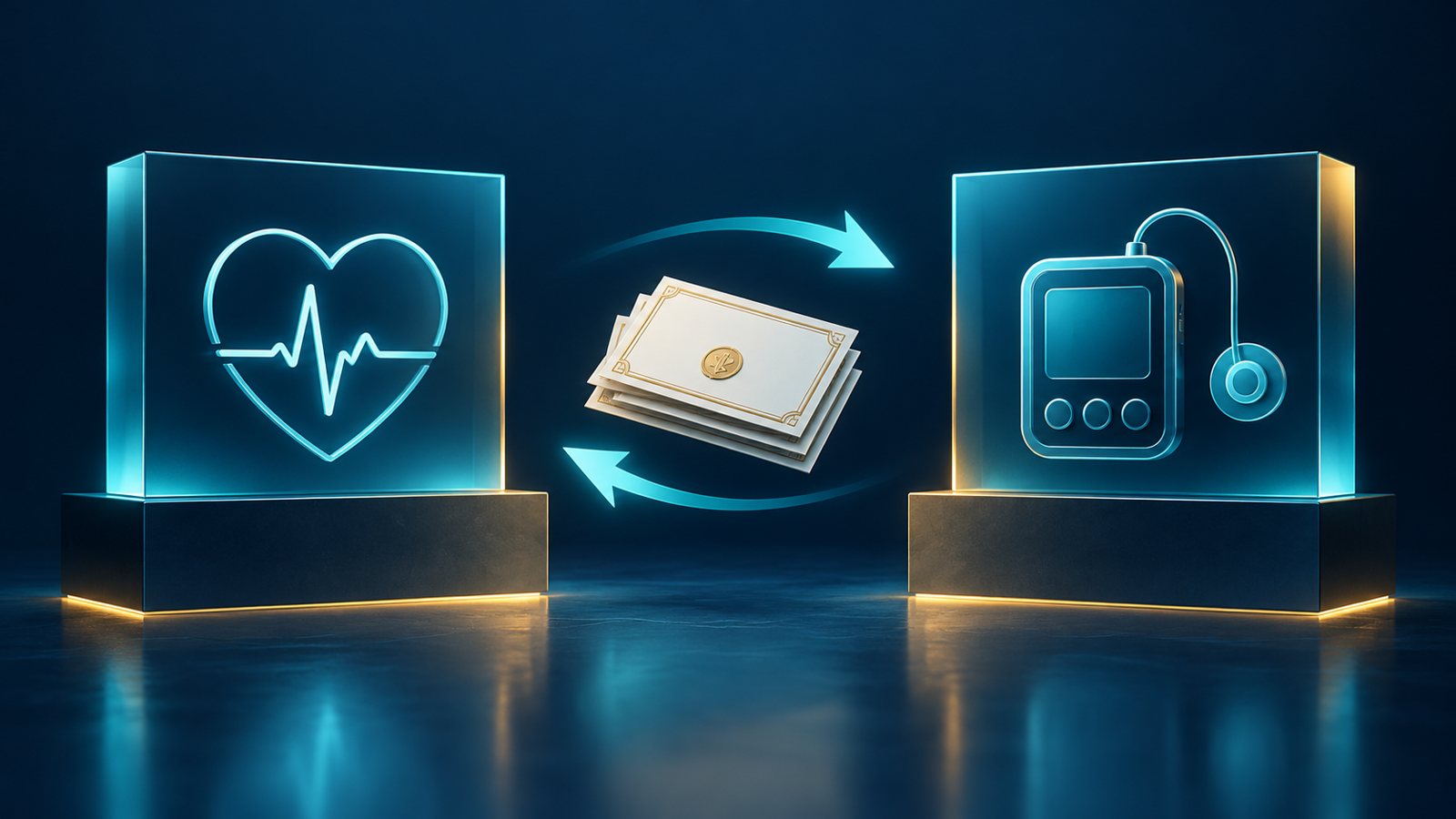 Conceptual illustration of two separated medical technology businesses linked by exchanged share certificates.